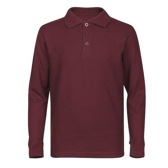 Wholesale Adult Size long Sleeve Pique Polo Shirt School Uniform in Burgundy. High School Uniform polo Shirts