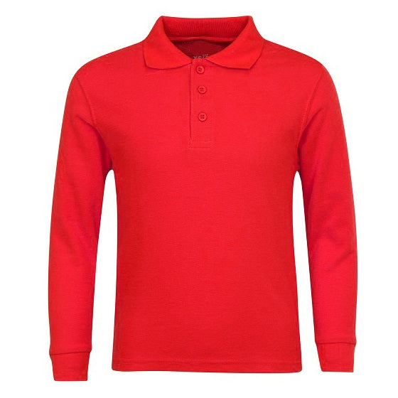 Wholesale Adult Size long Sleeve Pique Polo Shirt School Uniform in Red. High School Uniform polo Shirts