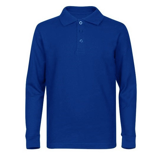 Wholesale Adult Size long Sleeve Pique Polo Shirt School Uniform in Royal Blue. High School Uniform polo Shirts