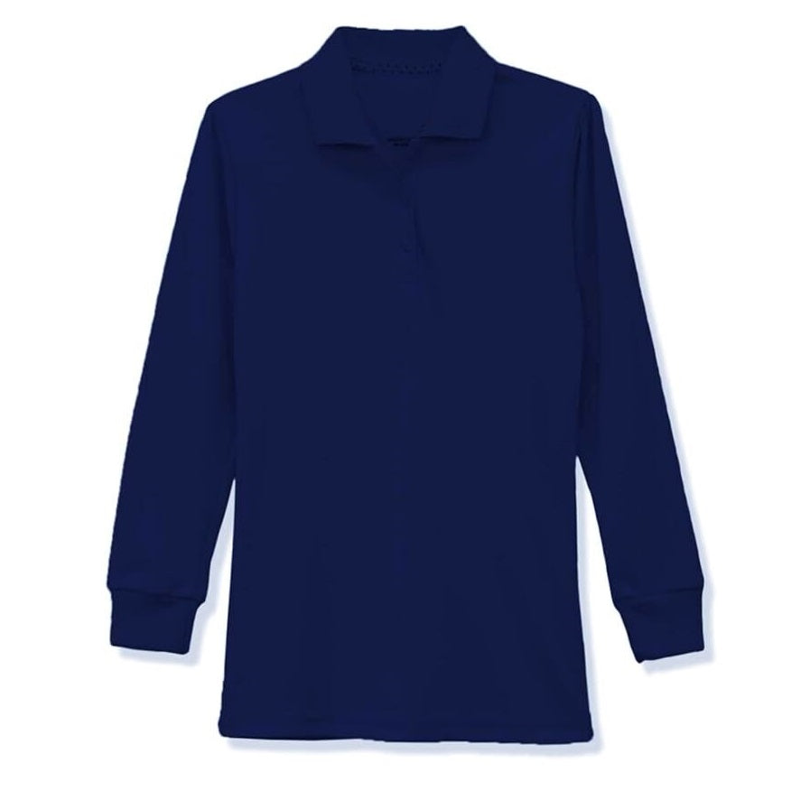 Wholesale Girls Long Sleeve Knit Polo with Picot Collar in Navy