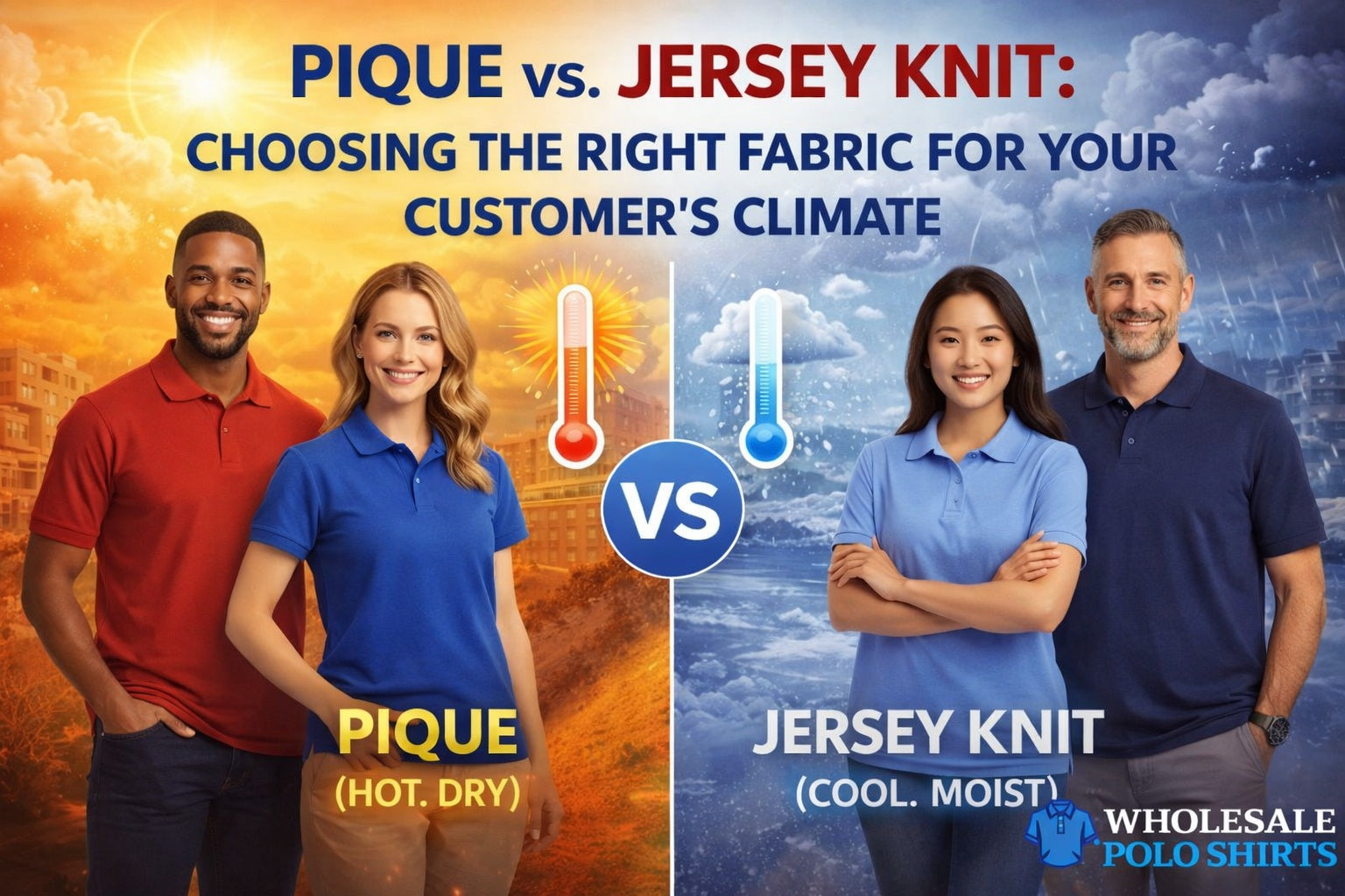 Pique vs jersey knit polo shirts worn by different models, illustrating fabric performance in hot and cool climate conditions.