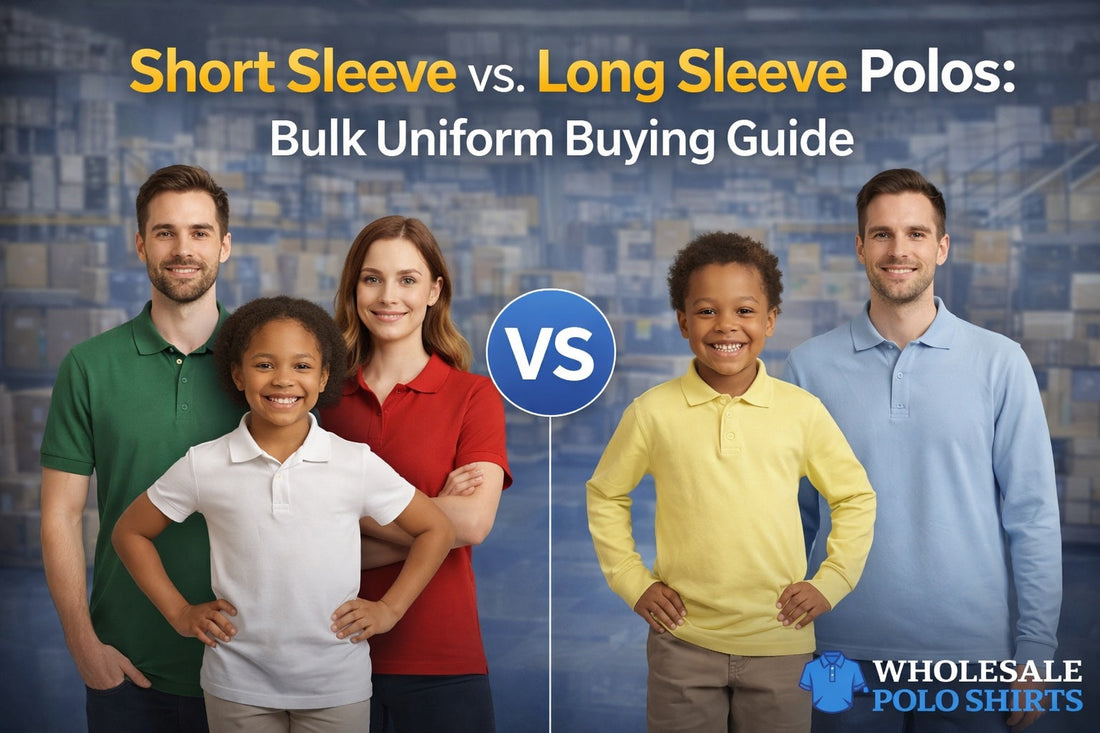 Comparison of short sleeve and long sleeve wholesale polo shirts for staff and school uniforms.