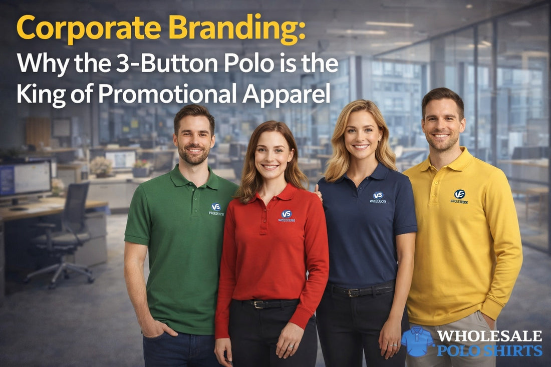 Corporate men and women wearing short and long sleeve polos in a professional workplace comparison graphic