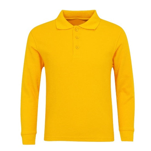 Wholesale Adult Size long Sleeve Pique Polo Shirt School Uniform in Gold. High School Uniform polo Shirts