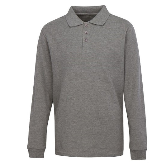 Wholesale Adult Size long Sleeve Pique Polo Shirt School Uniform in Heather Grey. High School Uniform polo Shirts