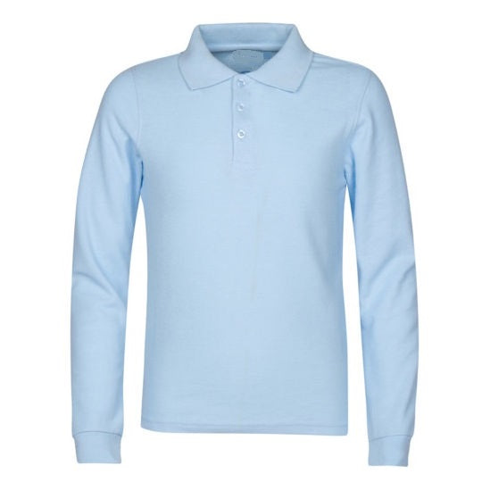 Wholesale Adult Size long Sleeve Pique Polo Shirt School Uniform in Light Blue. High School Uniform polo Shirts