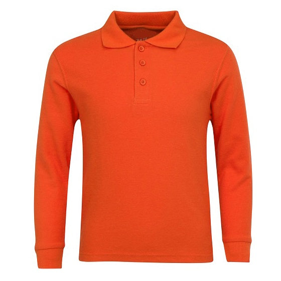 Wholesale Adult Size long Sleeve Pique Polo Shirt School Uniform in Orange. High School Uniform polo Shirts