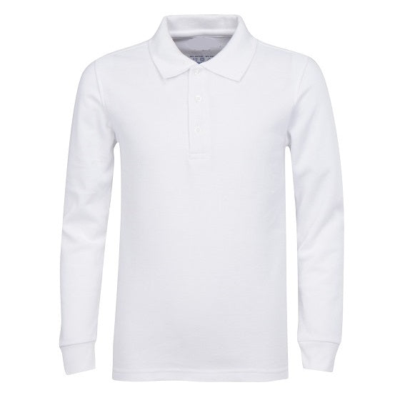 Wholesale Adult Size long Sleeve Pique Polo Shirt School Uniform in White. High School Uniform polo Shirts